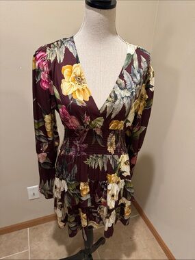 Nicole Miller Burgundy Floral Tiered Long Sleeve Dress